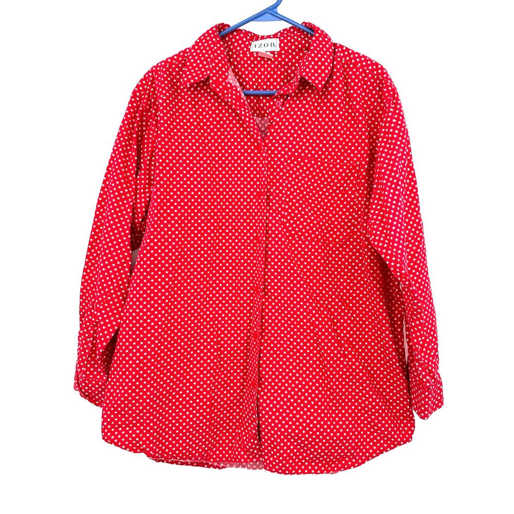 IZOD Size‎ Medium Button Up Long Sleeve Red White Star Pattern Shirt 100% Cotton